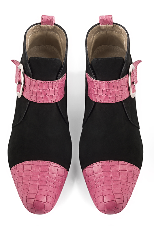 Carnation pink and matt black women's elegant sneakers. Round toe. Low flare heels. Top view - Florence KOOIJMAN